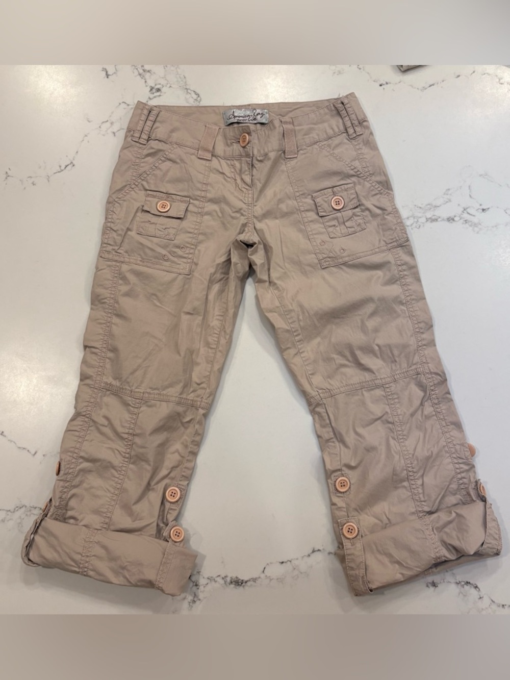 Y2K 2000s American Rag Size 3 Khaki Cargo Roll Up Pants Capris Baggy Zumba